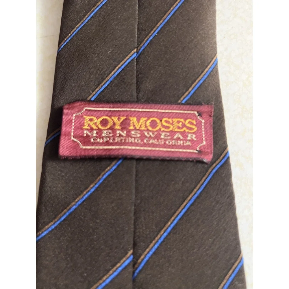 Vintage Roy Moses Menswear 100% Silk Tie Striped Blue Brown Made in USA 70s
